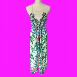 Resort Tropical Print Maxi Dress Deep V Tassel Detail Women’s Size L
